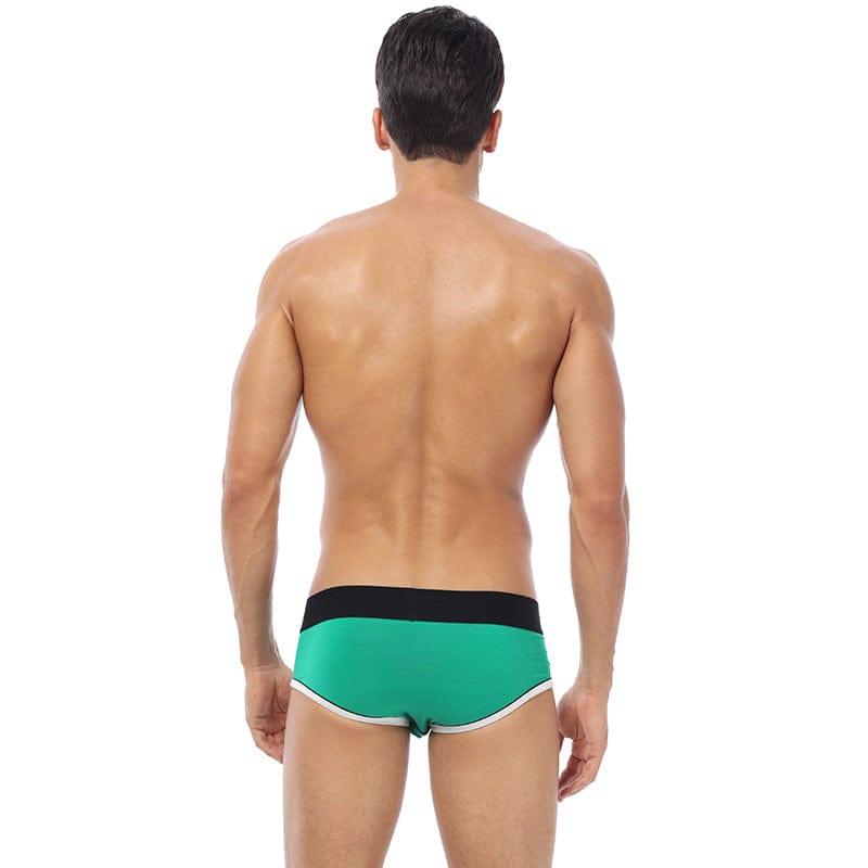 Daily wear|Gym sessions|Fitness activities|Pride events|Athletic training|Breathable|Butt-lift design|Shaping|Slimming|Comfort|Proper support|Athletic performance|Body sculpting|Men's trunks|Low-rise underwear|Athlete trunks|Sexy trunks|Green|Back view