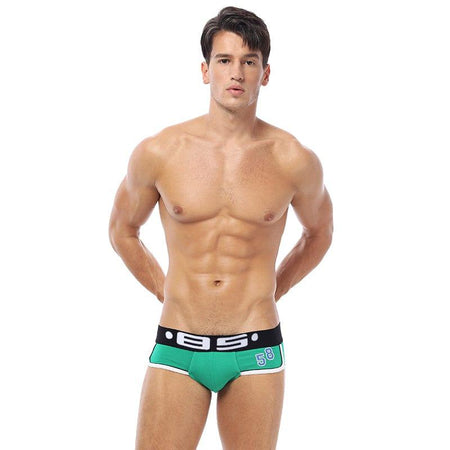 Daily wear|Gym sessions|Fitness activities|Pride events|Athletic training|Breathable|Butt-lift design|Shaping|Slimming|Comfort|Proper support|Athletic performance|Body sculpting|Men's trunks|Low-rise underwear|Athlete trunks|Sexy trunks|Green|Front view
