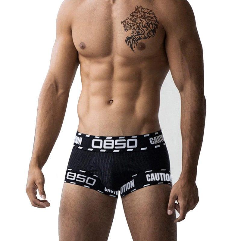 Daily wear|Gym sessions|Holiday parties|Pride events|Night gatherings|Breathable|Butt-lift design|Comfort|Proper support|Stylish appearance|Festive mood|Men's trunks|Low-rise underwear|Caution trunks|Sexy trunks|Black|Front view