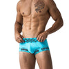 Daily wear|Gym sessions|Holiday parties|Pride events|Night gatherings|Breathable|Butt-lift design|Comfort|Proper support|Stylish appearance|Festive mood|Men's trunks|Low-rise underwear|Caution trunks|Sexy trunks|Blue|Front view