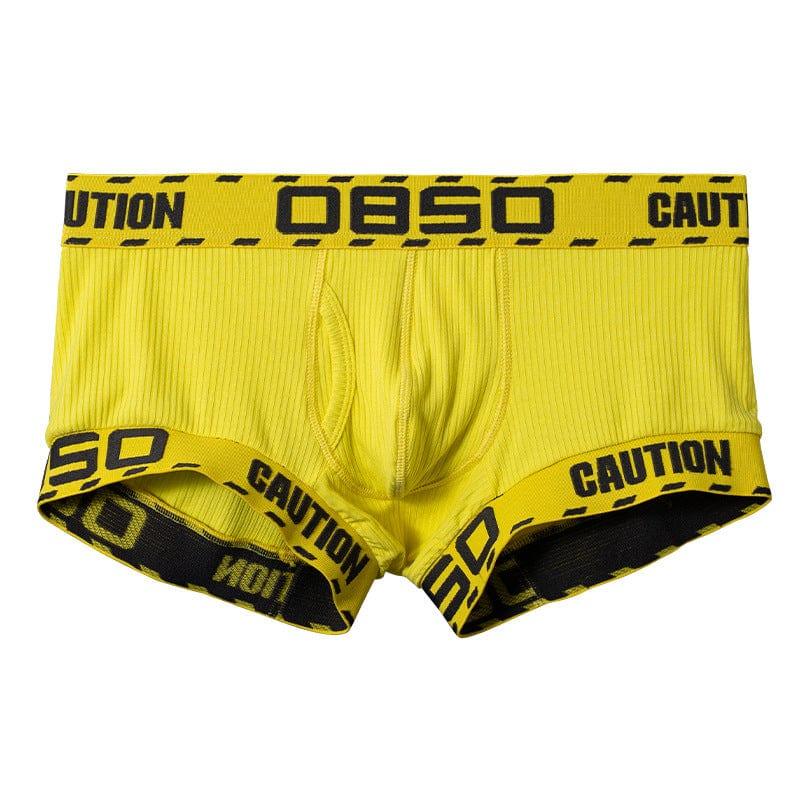 Daily wear|Gym sessions|Holiday parties|Pride events|Night gatherings|Breathable|Butt-lift design|Comfort|Proper support|Stylish appearance|Festive mood|Men's trunks|Low-rise underwear|Caution trunks|Sexy trunks|Yellow|Front view2