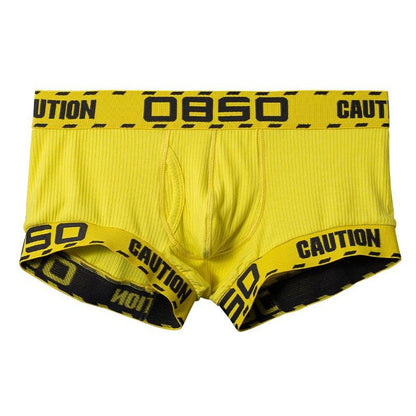 Daily wear|Gym sessions|Holiday parties|Pride events|Night gatherings|Breathable|Butt-lift design|Comfort|Proper support|Stylish appearance|Festive mood|Men's trunks|Low-rise underwear|Caution trunks|Sexy trunks|Yellow|Front view2