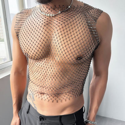 PRINCEJOCK | Rhinestone Fishnet Tank Top Male Gogo Costume