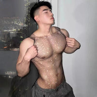 PRINCEJOCK | Rhinestone Fishnet Tank Top Male Gogo Costume