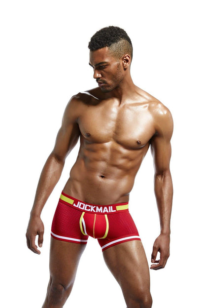 JOCKMAIL Bulge Pouch Mesh Boxers men's breathable mesh underwear in red, right side view