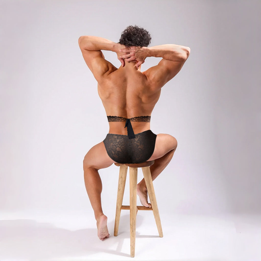 ADANNU Lace Strap & Briefs Set men's breathable design briefs set in black, back view