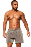 Front view of DESMIIT Double Layer Swim Trunks with Quick Dry feature in Gray.