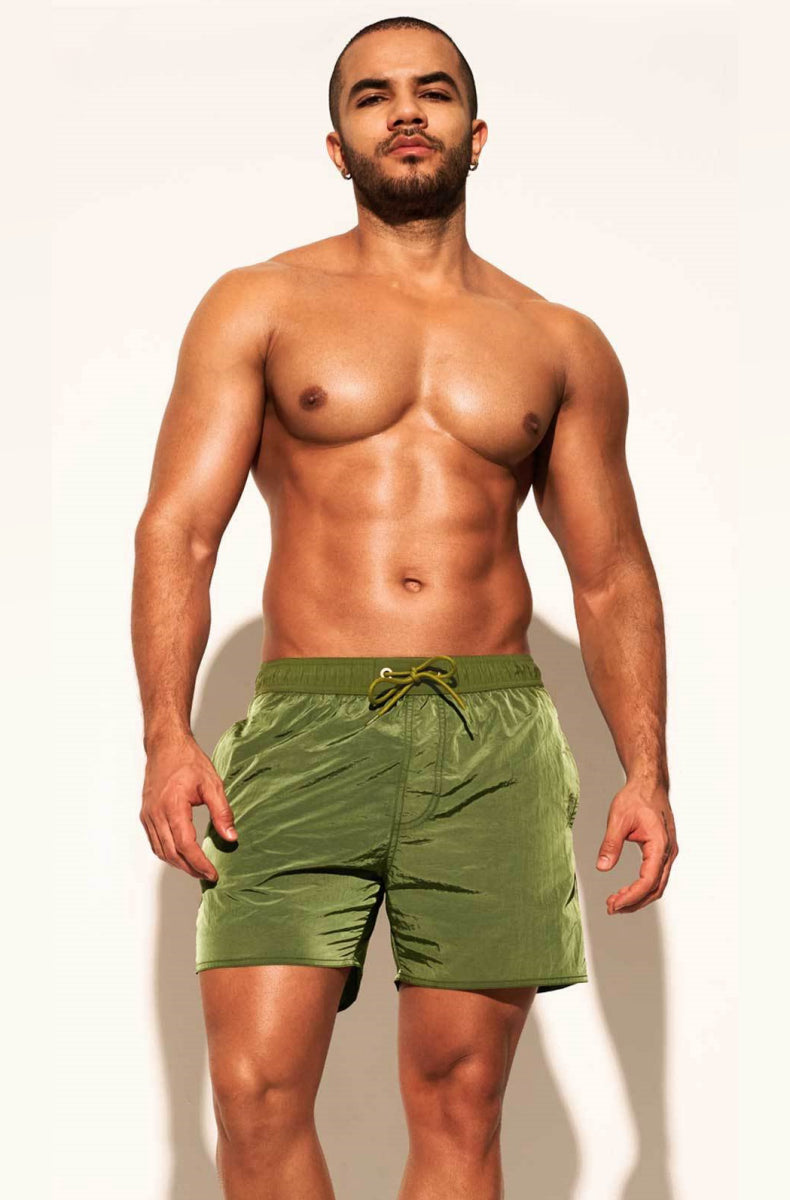 Front view of DESMIIT Double Layer Swim Trunks with Quick Dry feature in Green.
