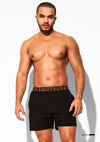 Front view of DESMIIT Low Rise Quick-Dry Swim Beach Shorts with Quick Dry feature in Black.