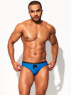 Front view of DESMIIT Low Rise Swim Briefs with Removable Bulge Pouch with Breathable Design feature in Blue.