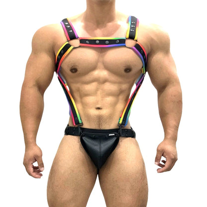 JOCKMAIL Adjustable Jockstrap with Detachable Harness Set men's comfort fit jockstrap harness set in Rainbow, front view