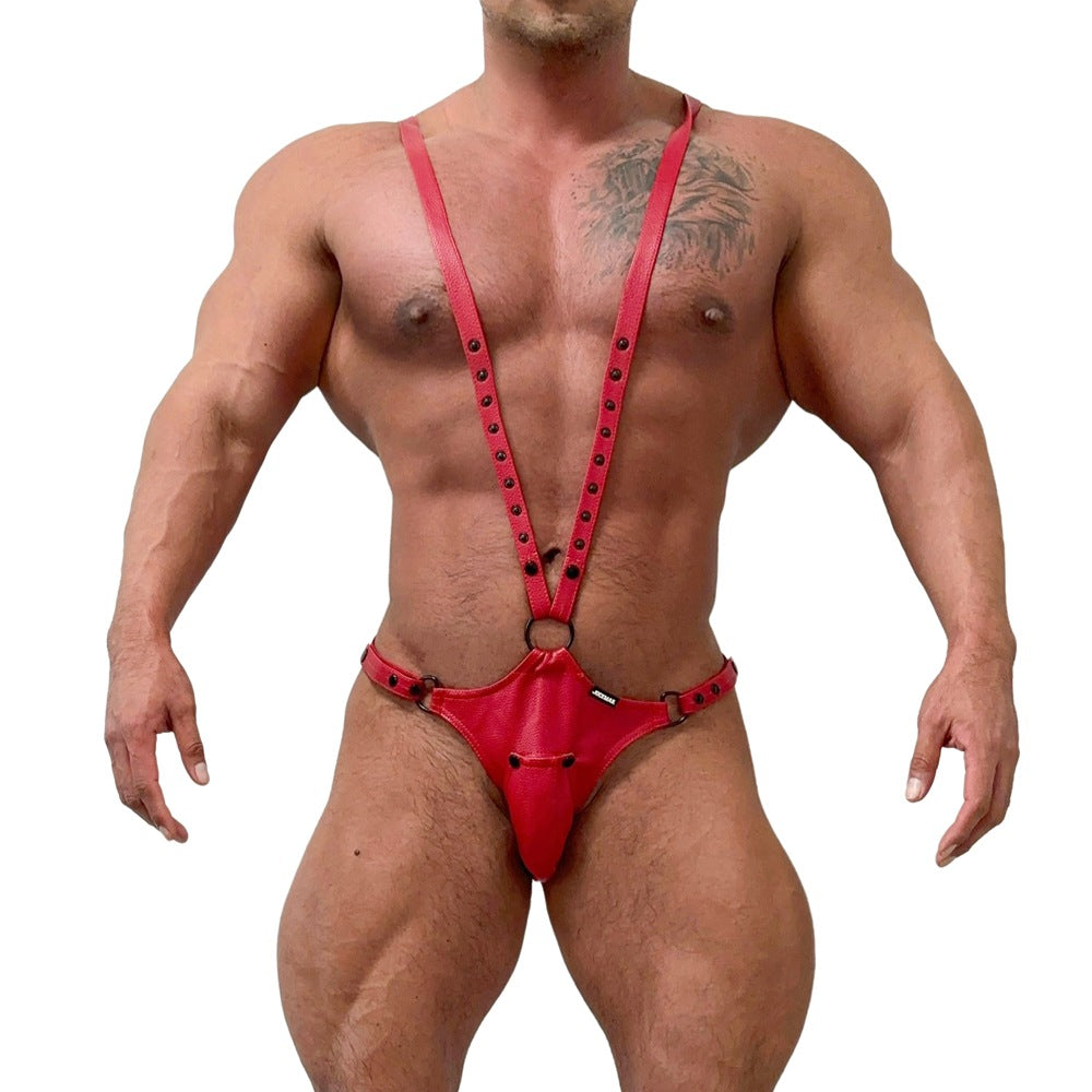 JOCKMAIL Adjustable Thong & Jockstrap Bodysuit men's comfort fit thong and jockstrap bodysuit in Red, front view