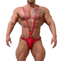 JOCKMAIL Adjustable Thong & Jockstrap Bodysuit men's comfort fit thong and jockstrap bodysuit in Red, front view