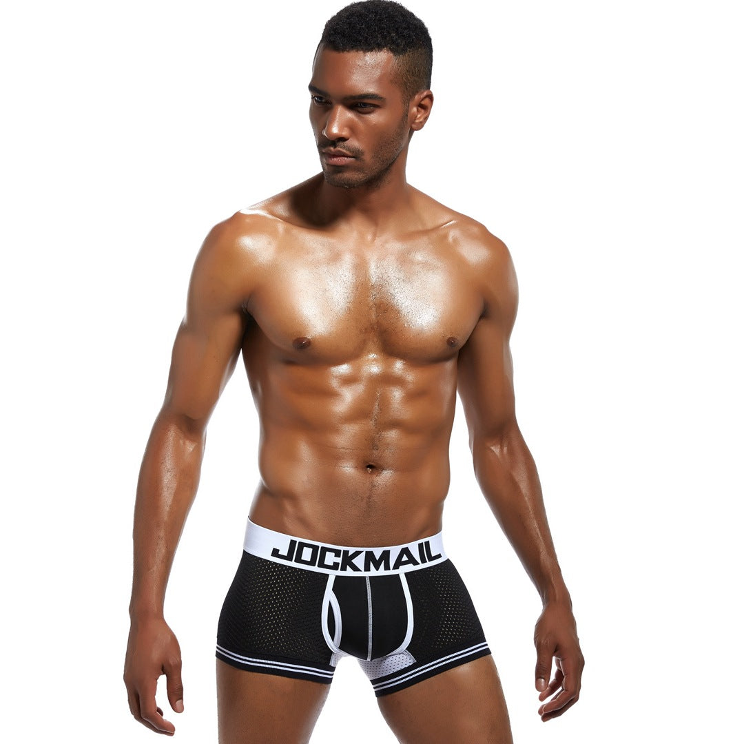 JOCKMAIL Bulge Pouch Mesh Boxers men's breathable mesh underwear in 412Black, front view