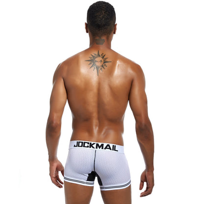 JOCKMAIL Bulge Pouch Mesh Boxers men's breathable mesh underwear in 412white, back view