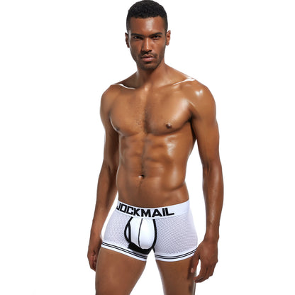 JOCKMAIL Bulge Pouch Mesh Boxers men's breathable mesh underwear in 412white, front view