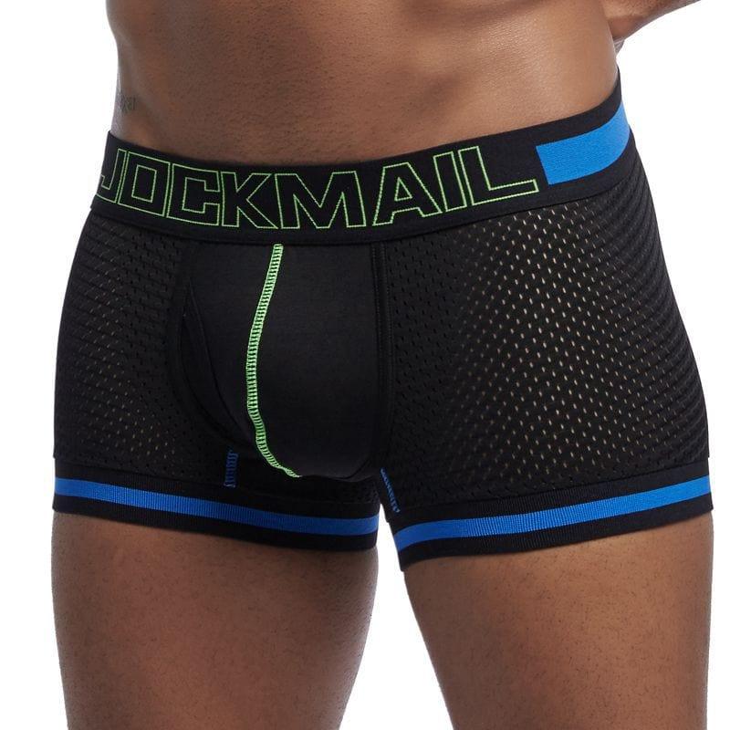 JOCKMAIL Bulge Pouch Mesh Boxers men's breathable mesh underwear in black, 3D front view