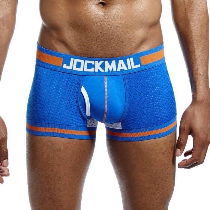 JOCKMAIL Bulge Pouch Mesh Boxers men's breathable mesh underwear in colorful blue, 3D front view