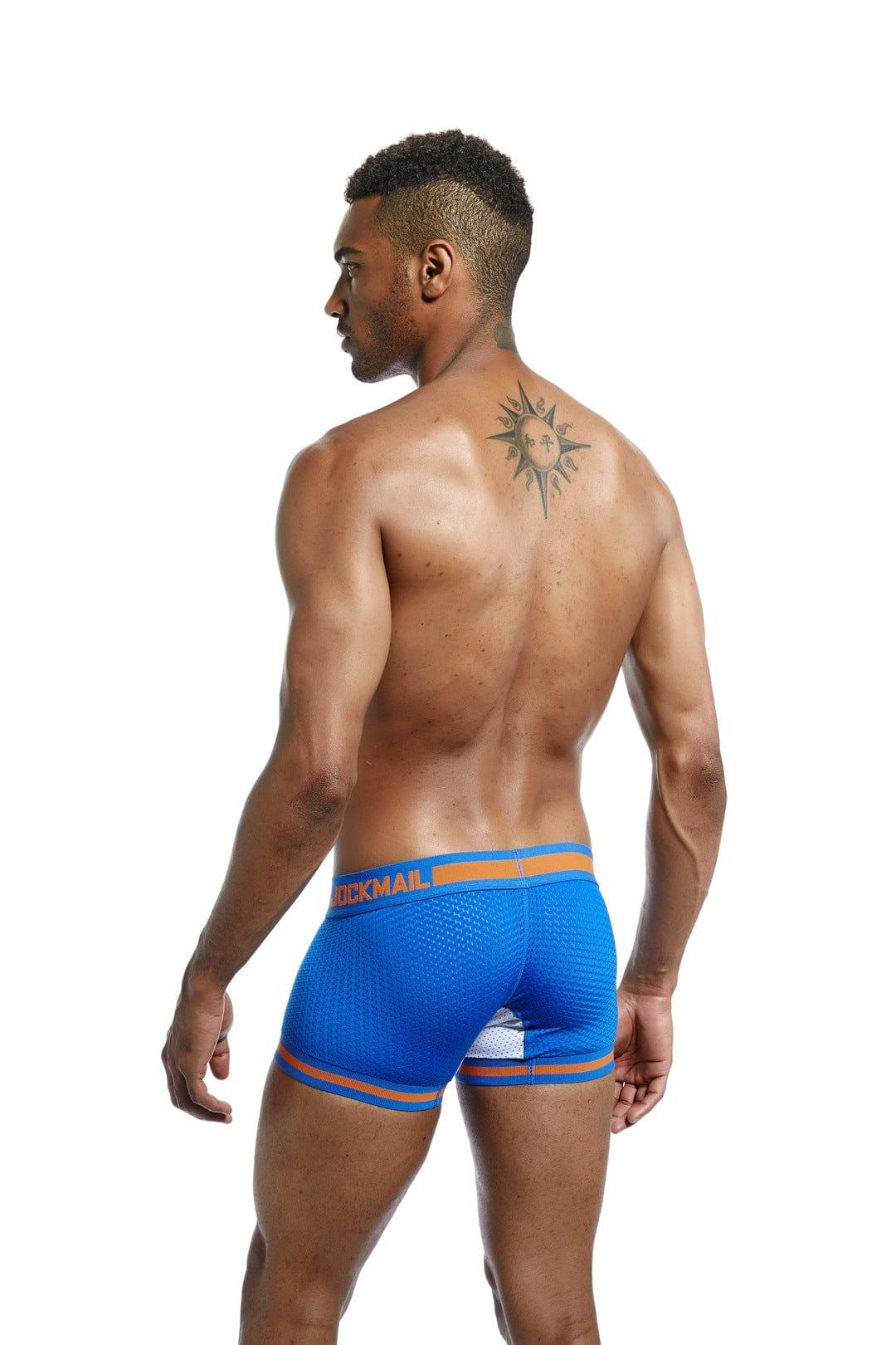 JOCKMAIL Bulge Pouch Mesh Boxers men's breathable mesh underwear in colorful blue, back view