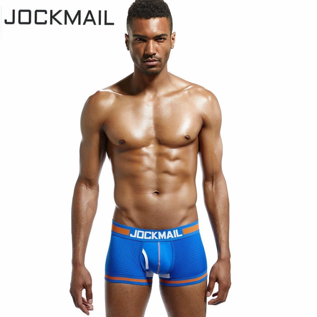 JOCKMAIL Bulge Pouch Mesh Boxers men's breathable mesh underwear in colorful blue, front view