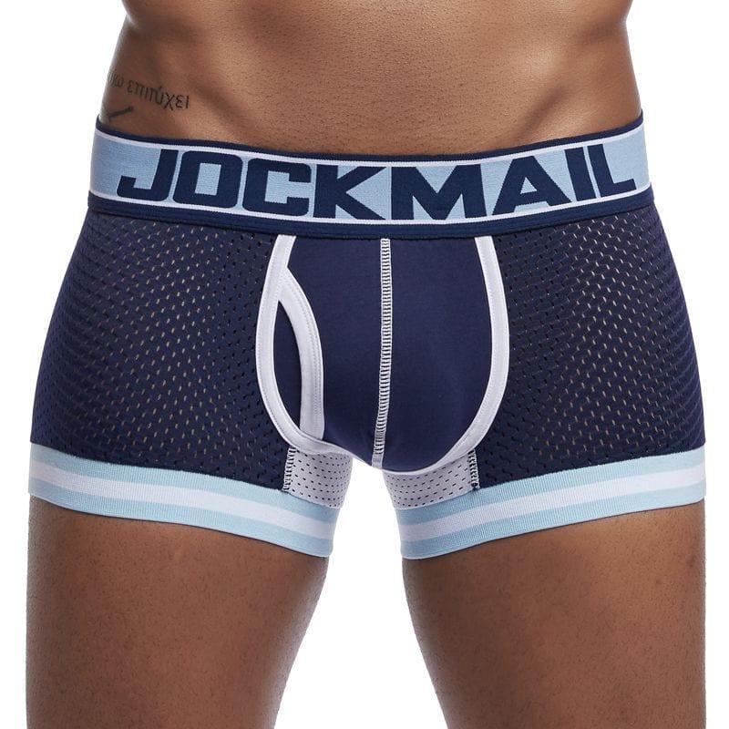 JOCKMAIL Bulge Pouch Mesh Boxers men's breathable mesh underwear in dark blue, 3D front view