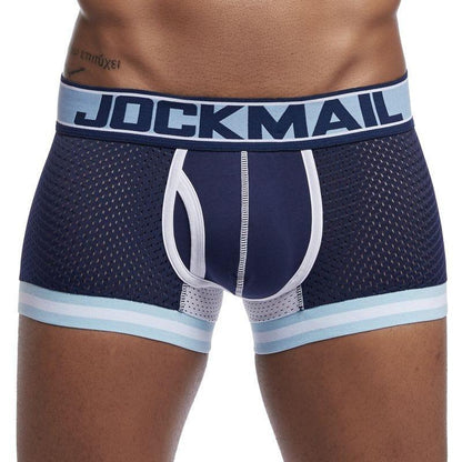 JOCKMAIL Bulge Pouch Mesh Boxers men's breathable mesh underwear in dark blue, 3D front view