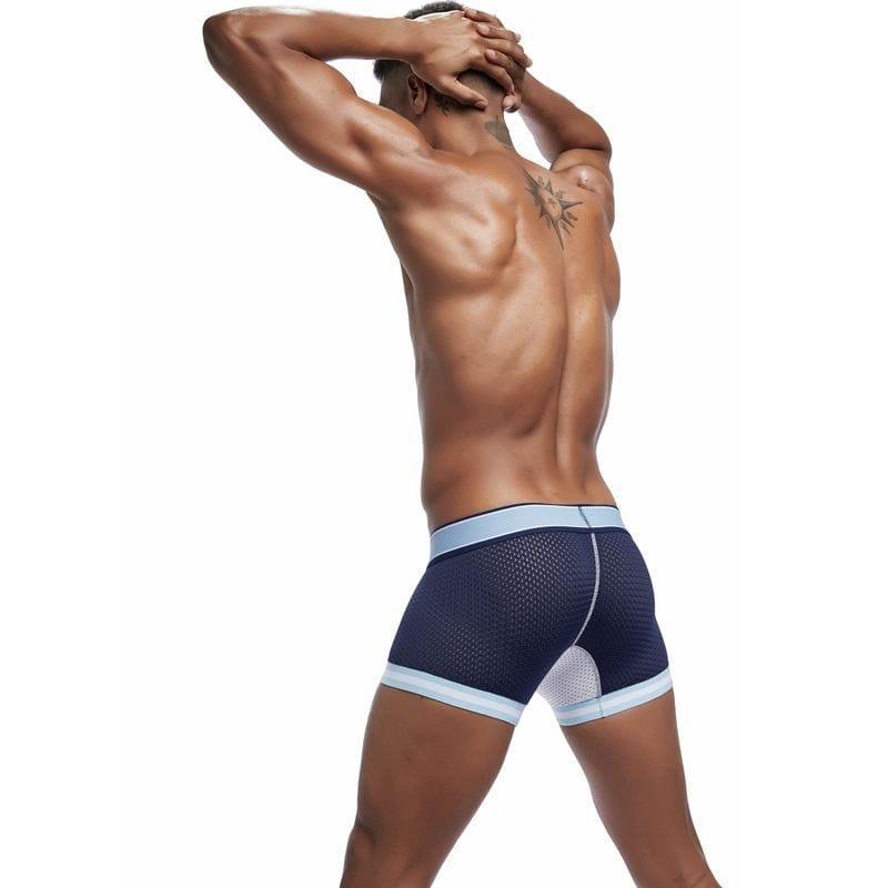 JOCKMAIL Bulge Pouch Mesh Boxers men's breathable mesh underwear in dark blue, back view
