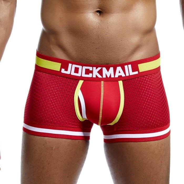 JOCKMAIL Bulge Pouch Mesh Boxers men's breathable mesh underwear in red, 3D front view
