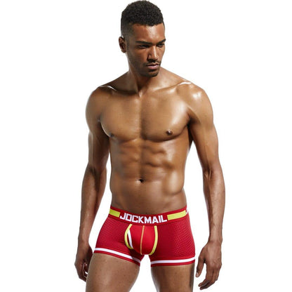 JOCKMAIL Bulge Pouch Mesh Boxers men's breathable mesh underwear in red, front view