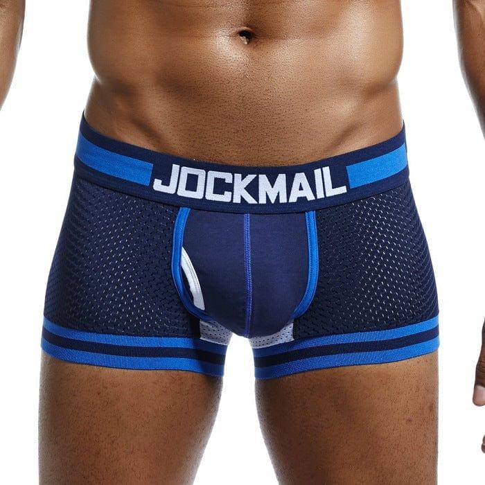 JOCKMAIL Bulge Pouch Mesh Boxers men's breathable mesh underwear in sapphire blue, 3D front view