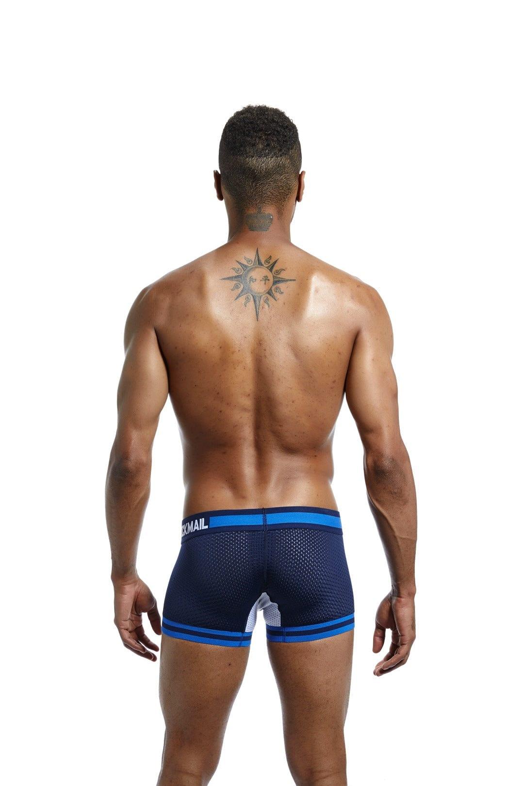 JOCKMAIL Bulge Pouch Mesh Boxers men's breathable mesh underwear in sapphire blue, back view