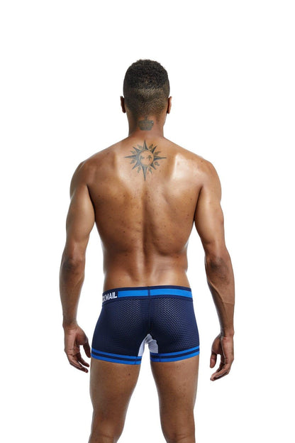 JOCKMAIL Bulge Pouch Mesh Boxers men's breathable mesh underwear in sapphire blue, back view