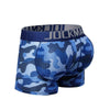 JOCKMAIL Camo Mesh Boxers with Removable Pads men's breathable mesh underwear in blue, 3D back view