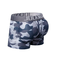 JOCKMAIL Camo Mesh Boxers with Removable Pads men's breathable mesh underwear in gray, 3D back view