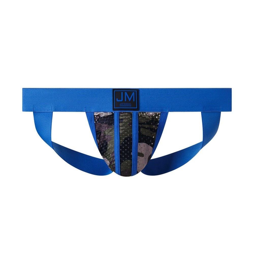 JOCKMAIL Camo Mesh Sports Jockstrap men's breathable design jockstrap in Blue, front view