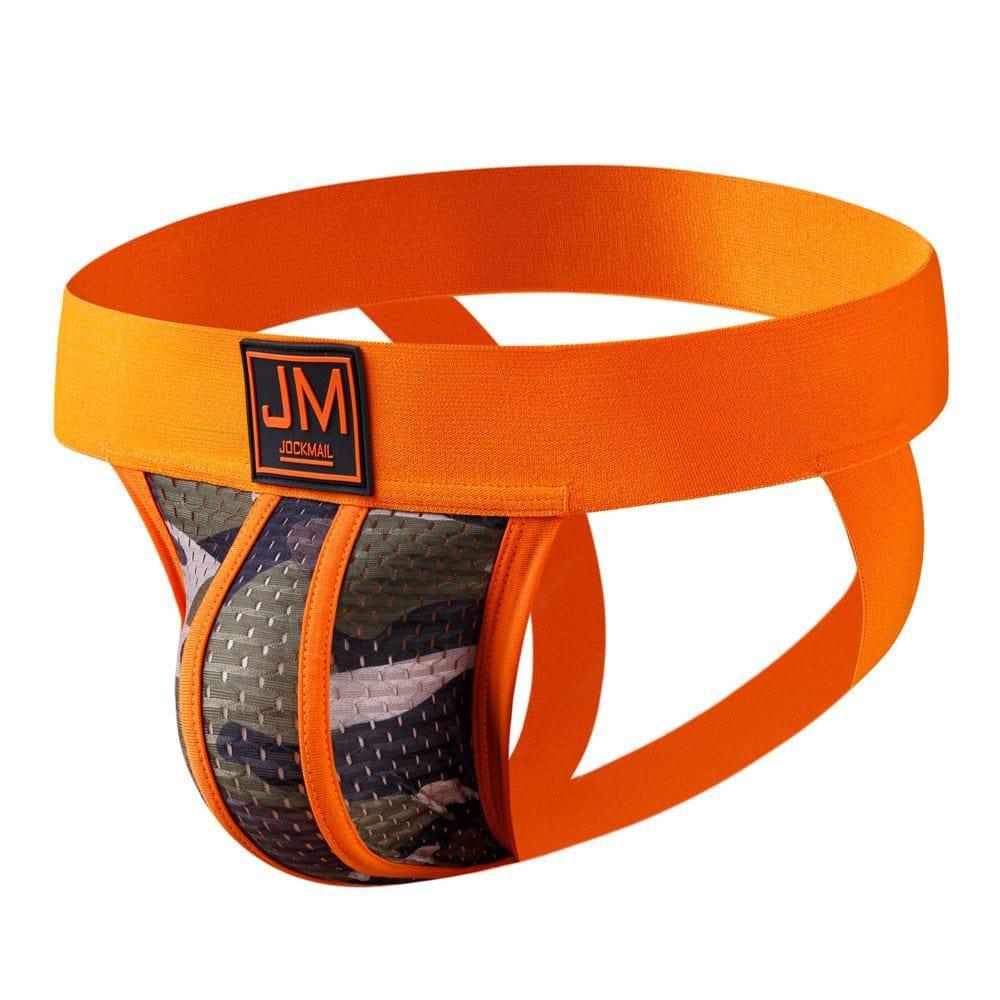 JOCKMAIL Camo Mesh Sports Jockstrap men's breathable design jockstrap in Orange, 3D left side view