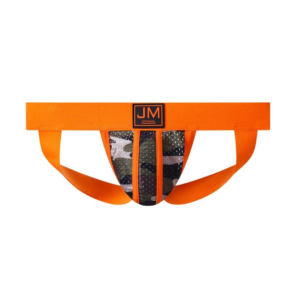 JOCKMAIL Camo Mesh Sports Jockstrap men's breathable design jockstrap in Orange, front view