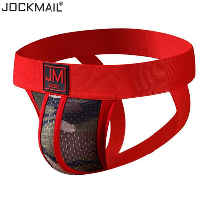 JOCKMAIL Camo Mesh Sports Jockstrap men's breathable design jockstrap in Red, 3D left side view