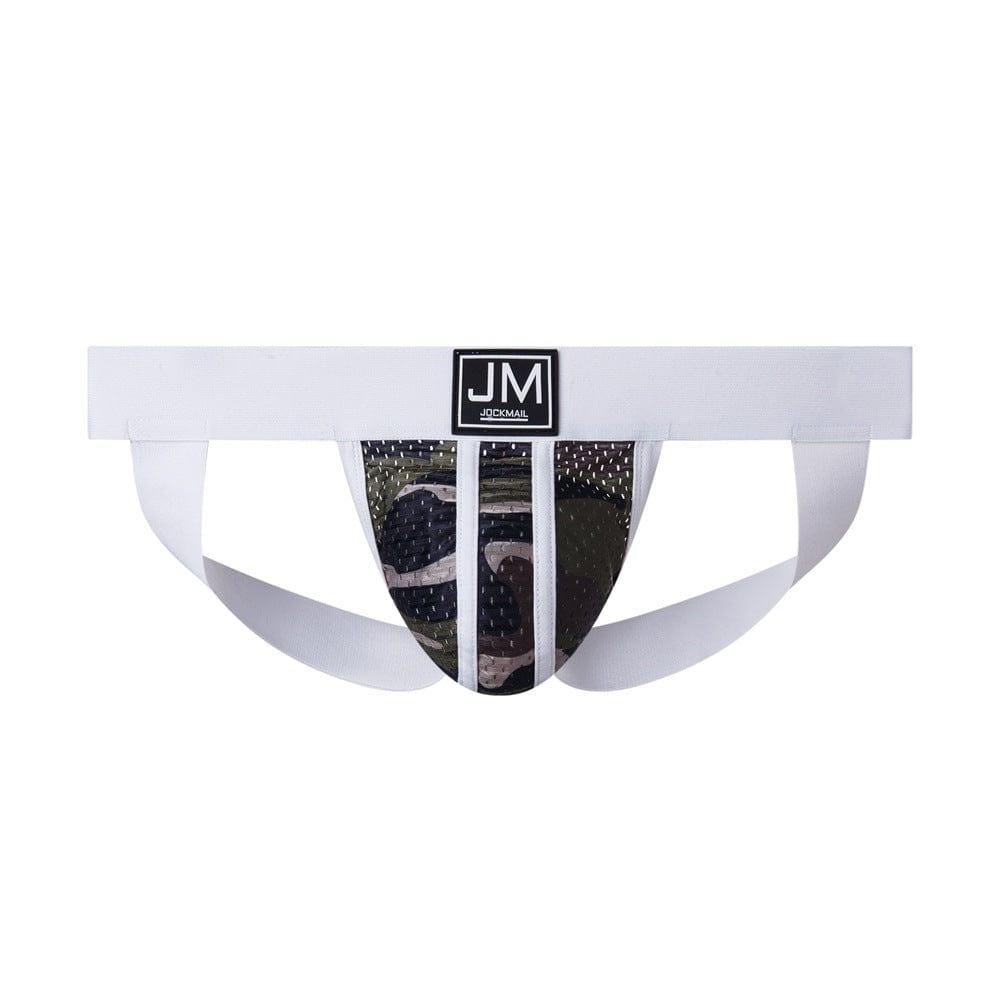 JOCKMAIL Camo Mesh Sports Jockstrap men's breathable design jockstrap in White, front view