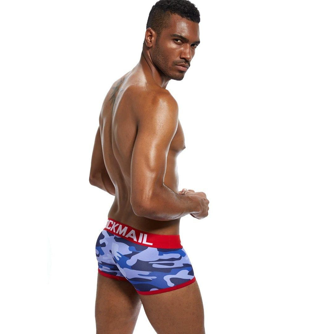 Daily wear|Gym sessions|Holiday parties|Pride events|Night gatherings|Breathable|Butt-lift design|Snug fit|Lightweight|Shaping|Waistline control|Slimming|Abdomen control|Comfort|Proper support|Stylish appearance|Festive mood|Body sculpting|Men's trunks|Low-rise underwear|Camo trunks|Sexy trunks|Red|Right Side view