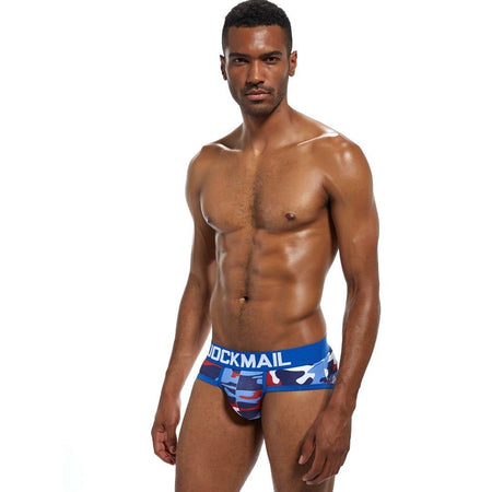Daily wear|Gym sessions|Holiday parties|Pride events|Night gatherings|Breathable|Butt-lift design|Snug fit|Lightweight|Shaping|Waistline control|Slimming|Abdomen control|Antibacterial|Comfort|Proper support|Stylish appearance|Festive mood|Body sculpting|Men's trunks|Low-rise underwear|Camo trunks|Vigor series trunks|Sexy trunks|Colorful Blue|Front view