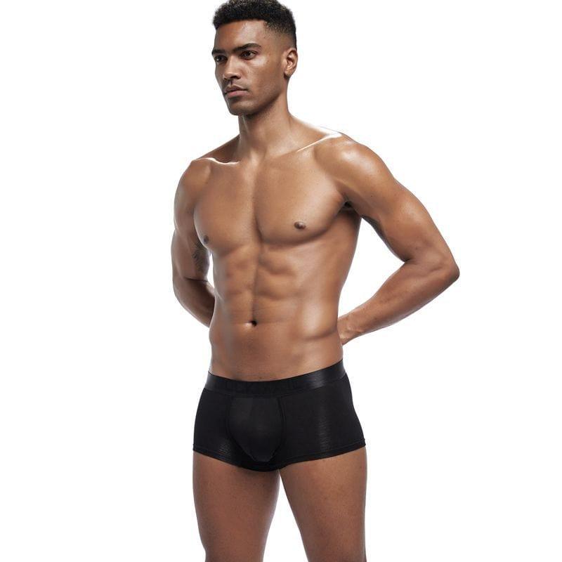 Daily wear|Gym sessions|Holiday parties|Pride events|Night gatherings|Breathable|Butt-lift design|Snug fit|Lightweight|Shaping|Waistline control|Slimming|Abdomen control|Comfort|Proper support|Stylish appearance|Festive mood|Body sculpting|Men's trunks|Low-rise underwear|Polyester pouch trunks|Core design trunks|Sexy trunks|Black|Front view2