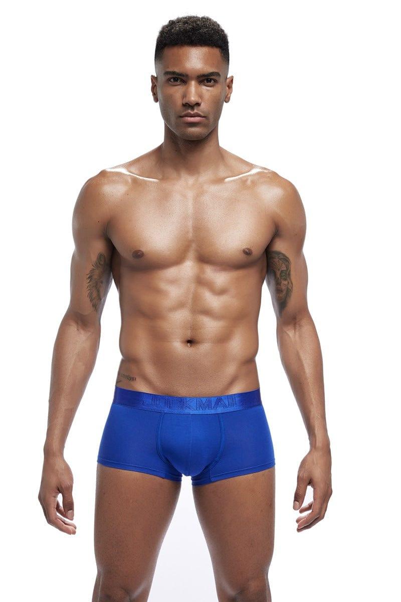 Daily wear|Gym sessions|Holiday parties|Pride events|Night gatherings|Breathable|Butt-lift design|Snug fit|Lightweight|Shaping|Waistline control|Slimming|Abdomen control|Comfort|Proper support|Stylish appearance|Festive mood|Body sculpting|Men's trunks|Low-rise underwear|Polyester pouch trunks|Core design trunks|Sexy trunks|Blue|Front view