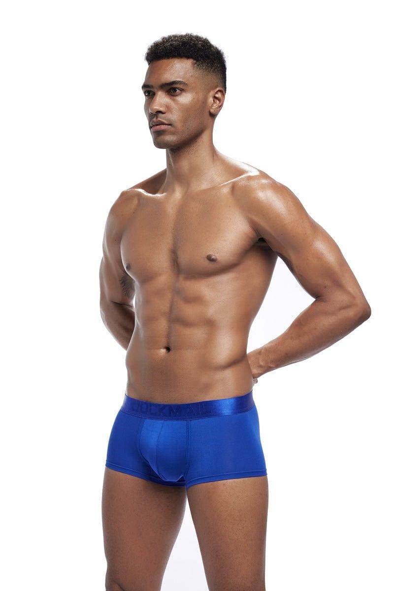 Daily wear|Gym sessions|Holiday parties|Pride events|Night gatherings|Breathable|Butt-lift design|Snug fit|Lightweight|Shaping|Waistline control|Slimming|Abdomen control|Comfort|Proper support|Stylish appearance|Festive mood|Body sculpting|Men's trunks|Low-rise underwear|Polyester pouch trunks|Core design trunks|Sexy trunks|Blue|Front view1