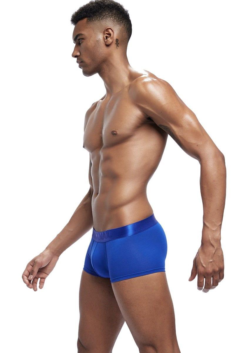 Daily wear|Gym sessions|Holiday parties|Pride events|Night gatherings|Breathable|Butt-lift design|Snug fit|Lightweight|Shaping|Waistline control|Slimming|Abdomen control|Comfort|Proper support|Stylish appearance|Festive mood|Body sculpting|Men's trunks|Low-rise underwear|Polyester pouch trunks|Core design trunks|Sexy trunks|Blue|Left Side view