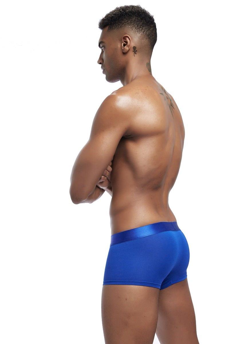 Daily wear|Gym sessions|Holiday parties|Pride events|Night gatherings|Breathable|Butt-lift design|Snug fit|Lightweight|Shaping|Waistline control|Slimming|Abdomen control|Comfort|Proper support|Stylish appearance|Festive mood|Body sculpting|Men's trunks|Low-rise underwear|Polyester pouch trunks|Core design trunks|Sexy trunks|Blue|Left Side view2