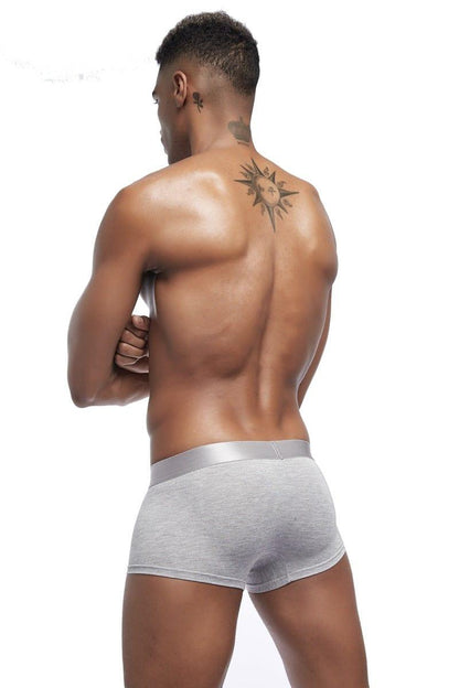 Daily wear|Gym sessions|Holiday parties|Pride events|Night gatherings|Breathable|Butt-lift design|Snug fit|Lightweight|Shaping|Waistline control|Slimming|Abdomen control|Comfort|Proper support|Stylish appearance|Festive mood|Body sculpting|Men's trunks|Low-rise underwear|Polyester pouch trunks|Core design trunks|Sexy trunks|Gray|Back view
