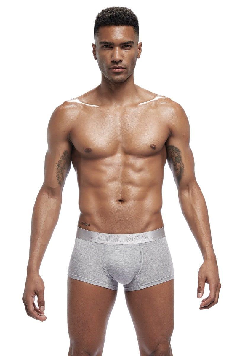 Daily wear|Gym sessions|Holiday parties|Pride events|Night gatherings|Breathable|Butt-lift design|Snug fit|Lightweight|Shaping|Waistline control|Slimming|Abdomen control|Comfort|Proper support|Stylish appearance|Festive mood|Body sculpting|Men's trunks|Low-rise underwear|Polyester pouch trunks|Core design trunks|Sexy trunks|Gray|Front view