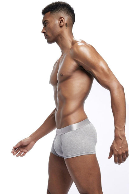 Daily wear|Gym sessions|Holiday parties|Pride events|Night gatherings|Breathable|Butt-lift design|Snug fit|Lightweight|Shaping|Waistline control|Slimming|Abdomen control|Comfort|Proper support|Stylish appearance|Festive mood|Body sculpting|Men's trunks|Low-rise underwear|Polyester pouch trunks|Core design trunks|Sexy trunks|Gray|Left Side view