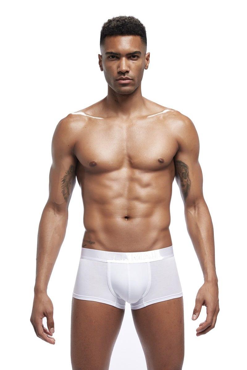 Daily wear|Gym sessions|Holiday parties|Pride events|Night gatherings|Breathable|Butt-lift design|Snug fit|Lightweight|Shaping|Waistline control|Slimming|Abdomen control|Comfort|Proper support|Stylish appearance|Festive mood|Body sculpting|Men's trunks|Low-rise underwear|Polyester pouch trunks|Core design trunks|Sexy trunks|White|Front view